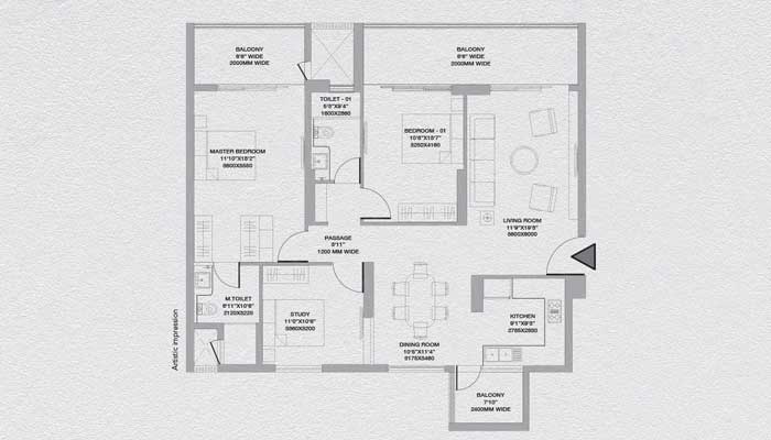 Godrej South Estate - 2 BHK + Study (1446 sqft) Floor Plan