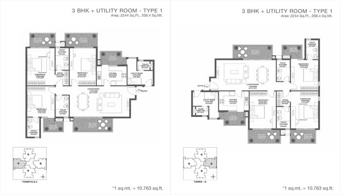 Godrej 101 - 3 BHK + Utility Floor Plan