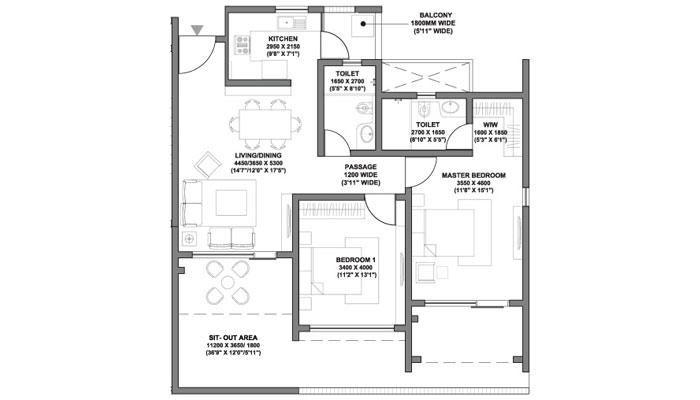 Godrej Air - 2 BHK (895 sqft) Floor Plan