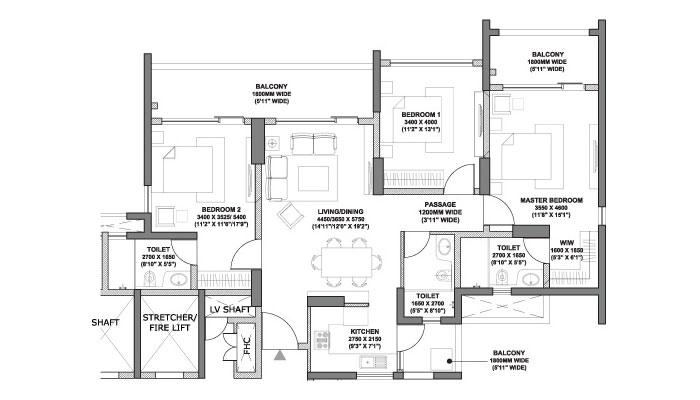 Godrej Air - 3 BHK (1161 sqft) Floor Plan
