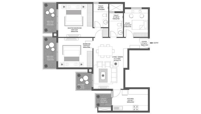 Godrej Aria - 2 BHK + Study (1493) Floor Plan
