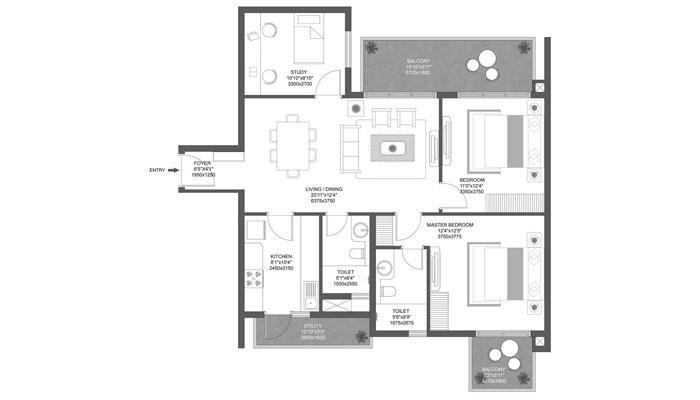Godrej Aria - 2 BHK + Study (1503) Floor Plan