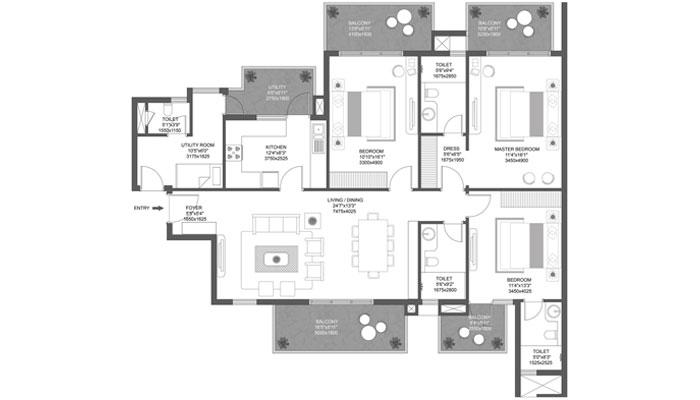 Godrej Aria - 3 BHK + Utility Room (2288) Floor Plan