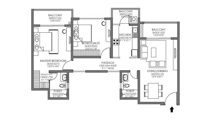 Godrej Habitat - 2 BHK (1057 sqft) Floor Plan