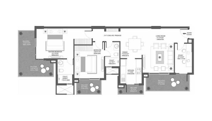 Godrej Icon - 2 BHK + Study Type A (1631 sqft) Floor Plan