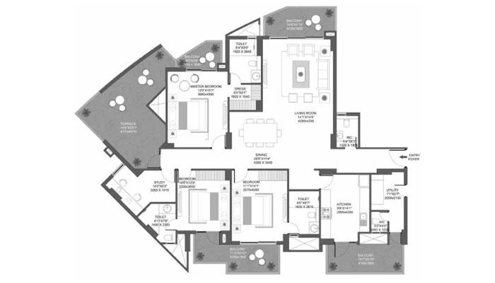 Godrej Icon - 3 BHK + Study + Utility (2678 sqft) Floor Plan