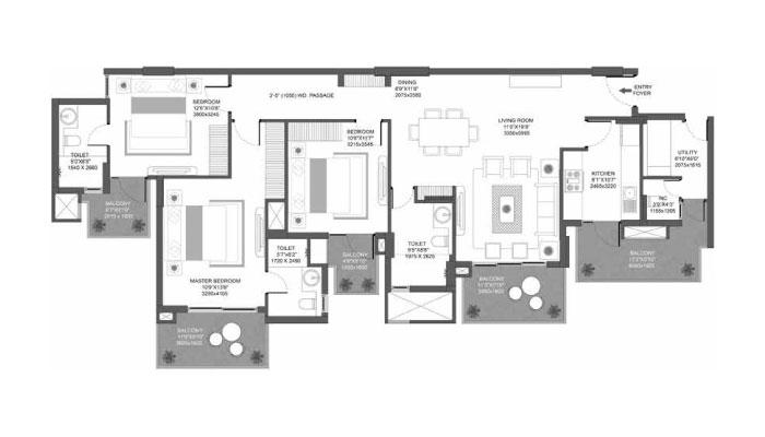 Godrej Icon - 3 BHK + Utility Type B (2001 sqft) Floor Plan
