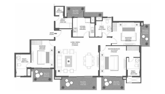 Godrej Icon - 3 BHK + Utility Type D (2058 sqft) Floor Plan