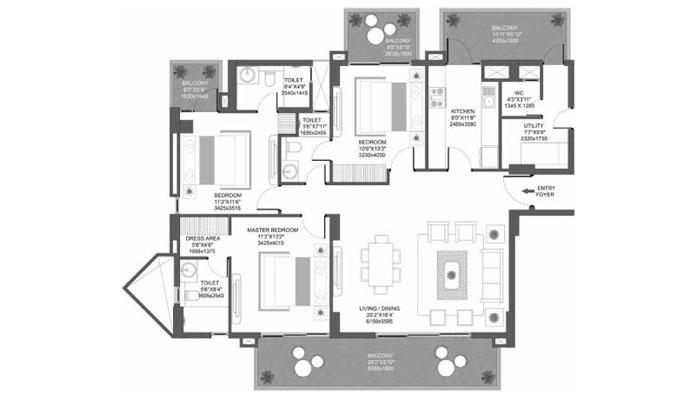 Godrej Icon - 3 BHK + Utility Type C (2142 sqft) Floor Plan