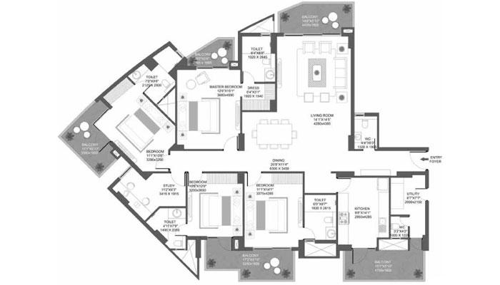 Godrej Icon - 4 BHK + Study + Utility (3007 sqft) Floor Plan