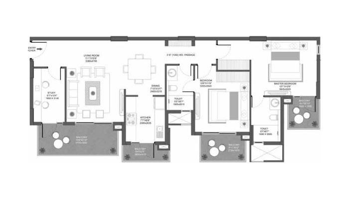 Godrej Icon - 2 BHK + Study Type B (1490 sqft) Floor Plan