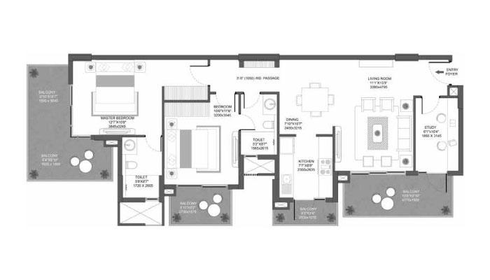 Godrej Icon - 2 BHK + Study Type C (1617 sqft) Floor Plan