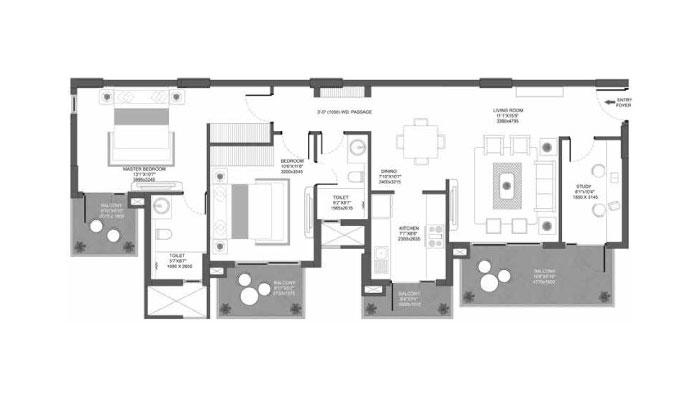 Godrej Icon - 2 BHK + Study Type G (1497 sqft) Floor Plan