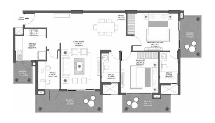 Godrej Icon - 2 BHK + Study Type H (1580 sqft) Floor Plan