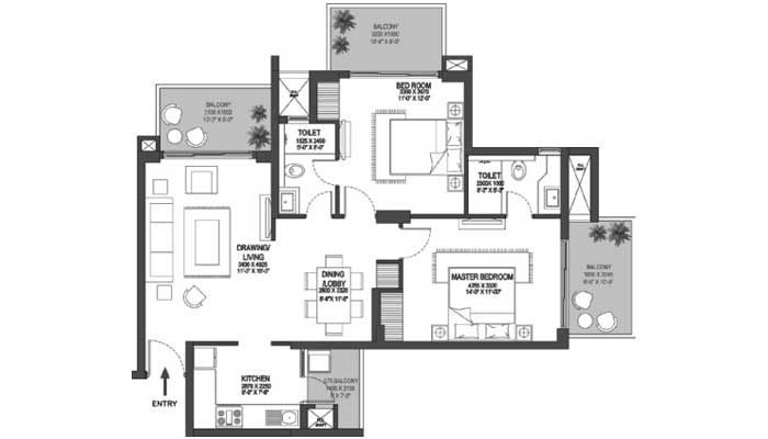 Godrej Meridien - 2 BHK (1366 sqft) Floor Plan