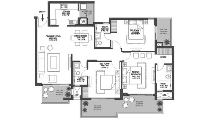 Godrej Meridien - 3 BHK (1855 sqft) Floor Plan