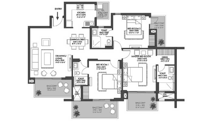 Godrej Meridien - 3 BHK + Utility (2002 sqft) Floor Plan