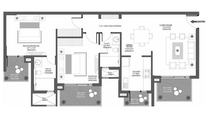 Godrej Oasis - 2 BHK (940 sqft) Floor Plan