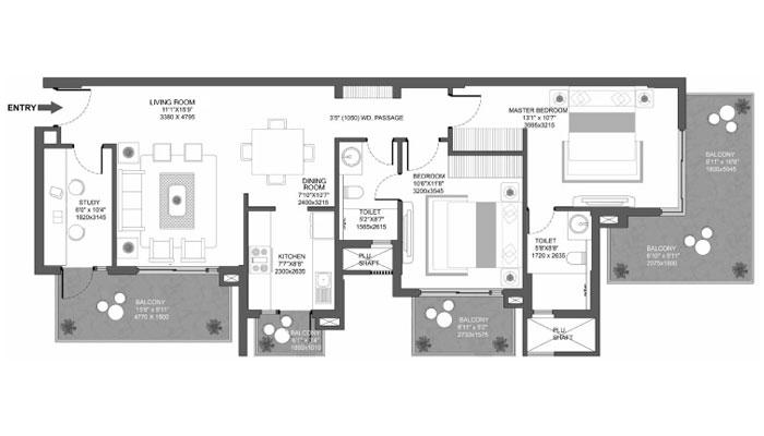 Godrej Oasis - 2 BHK + Study (1167 sqft) Floor Plan