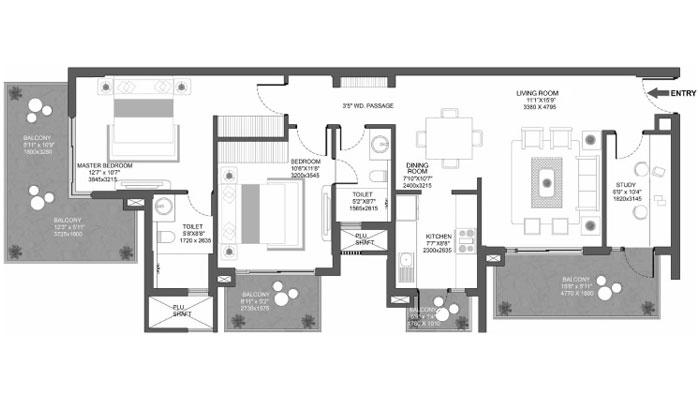 Godrej Oasis - 2 BHK + Study (1168 sqft) Floor Plan