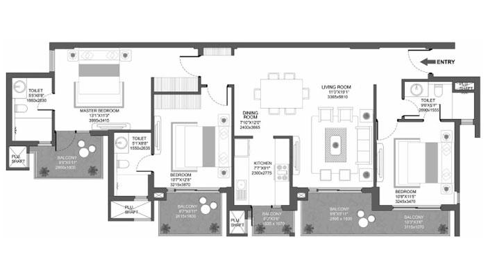 Godrej Oasis - 3 BHK (1291 sqft) Floor Plan