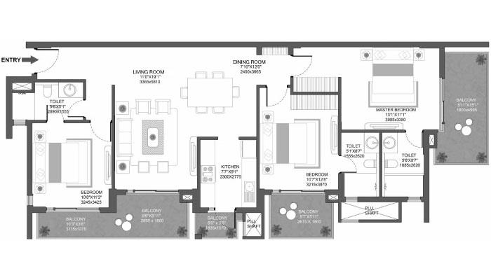 Godrej Oasis - 3 BHK (1336 sqft) Floor Plan