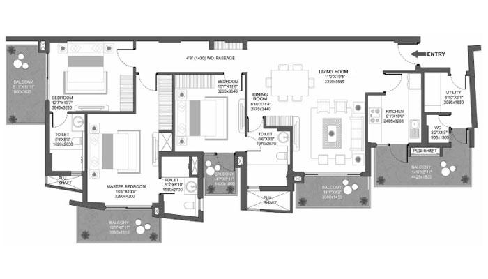 Godrej Oasis - 3 BHK + Utility (1493 sqft) Floor Plan