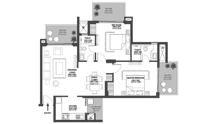 Godrej Prive - 2 BHK (1004 sqft) Floor Plan
