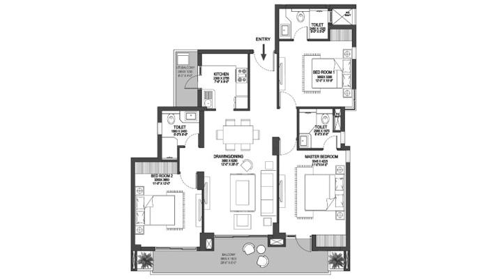 Godrej Prive - 3 BHK (1202 sqft) Floor Plan