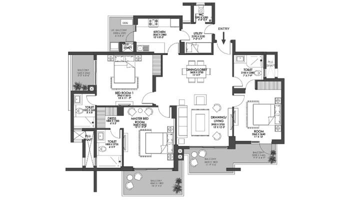 Godrej Prive - 3 BHK + Utility (1485 sqft) Floor Plan