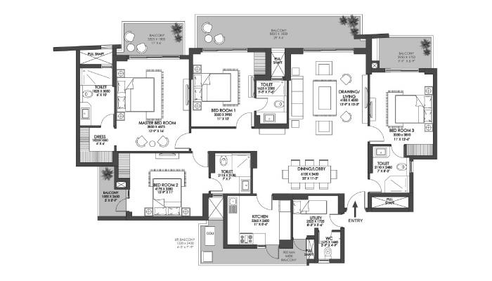Godrej Prive - 4 BHK + Utility (2027 sqft) Floor Plan