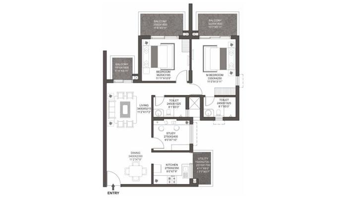 Godrej Summit - 2 BHK + Study (832 sqft) Floor Plan