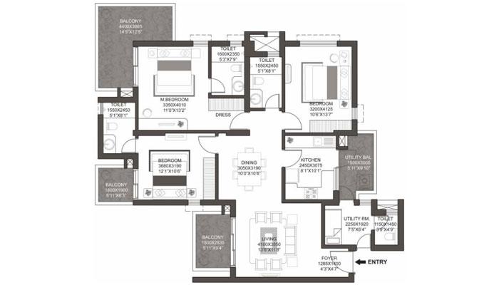 Godrej Summit - 3 BHK + Utility (1048 sqft) Floor Plan