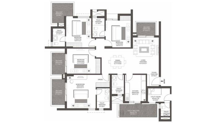 Godrej Summit - 4 BHK + Utility (1330 sqft) Floor Plan