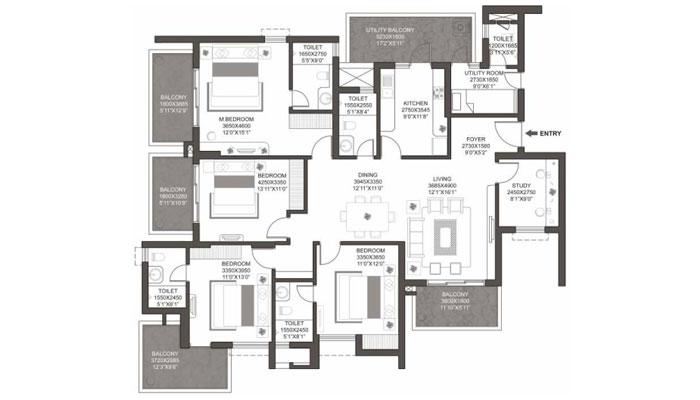 Godrej Summit - 4 BHK + Utility + Study (1541 sqft) Floor Plan