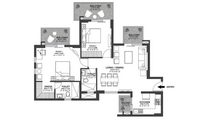 Godrej Nature Plus - 2 BHK (995 sqft) Floor Plan